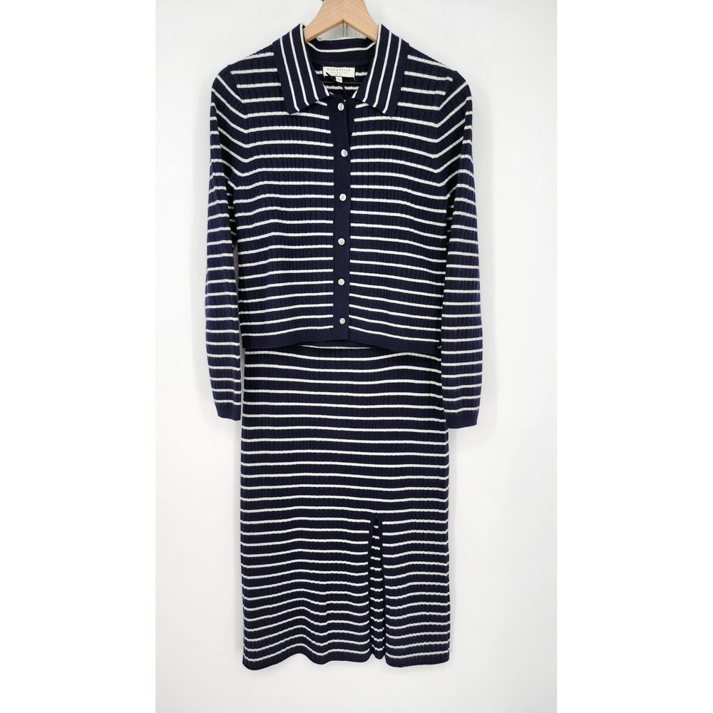 Bagatelle NWT Navy Stripe Knit Skirt Cardigan Set Women Large Preppy Tennis Chic